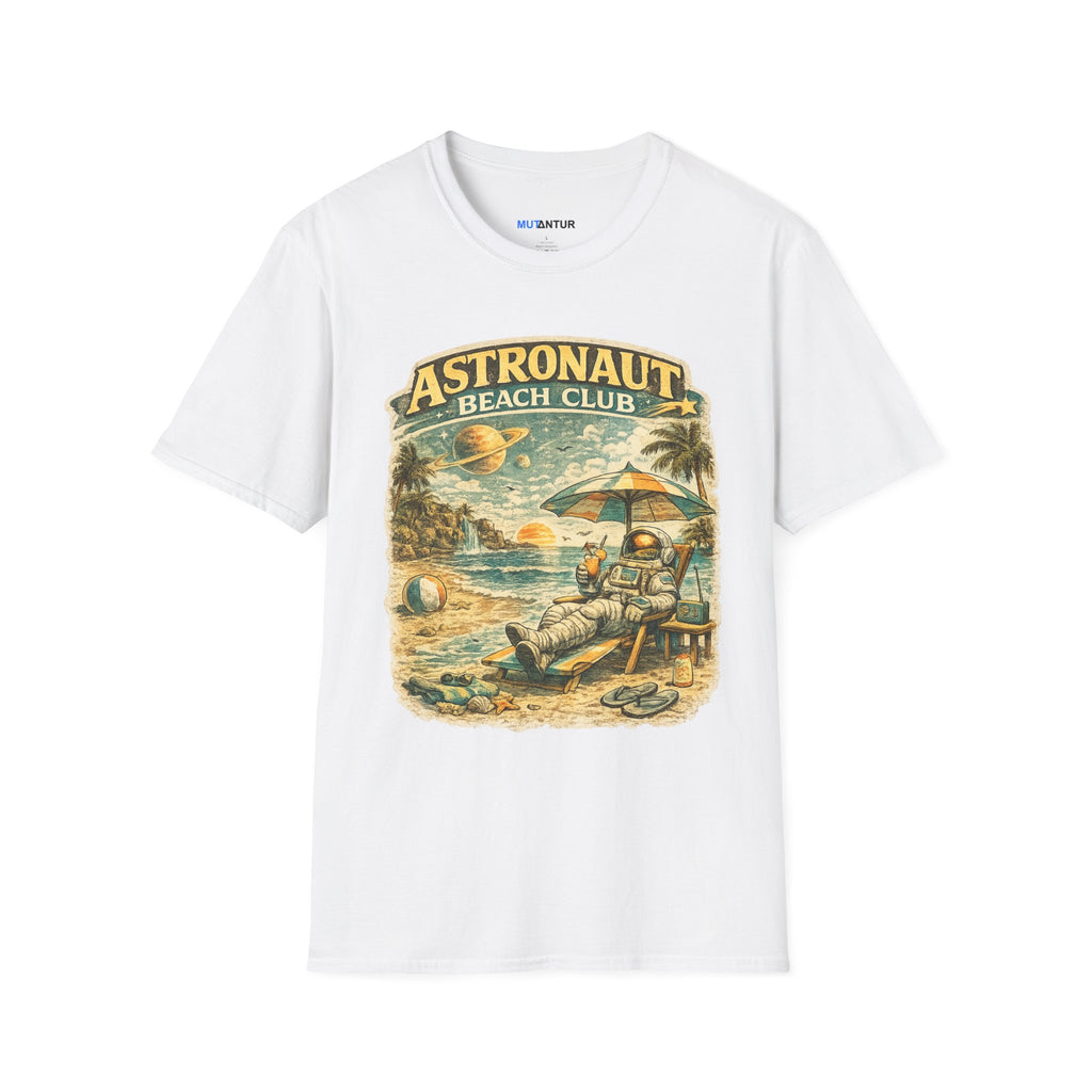 Astronaut Beach Club T-Shirt – Retro Space Beach Graphic Tee - Mutantur Labs LLC