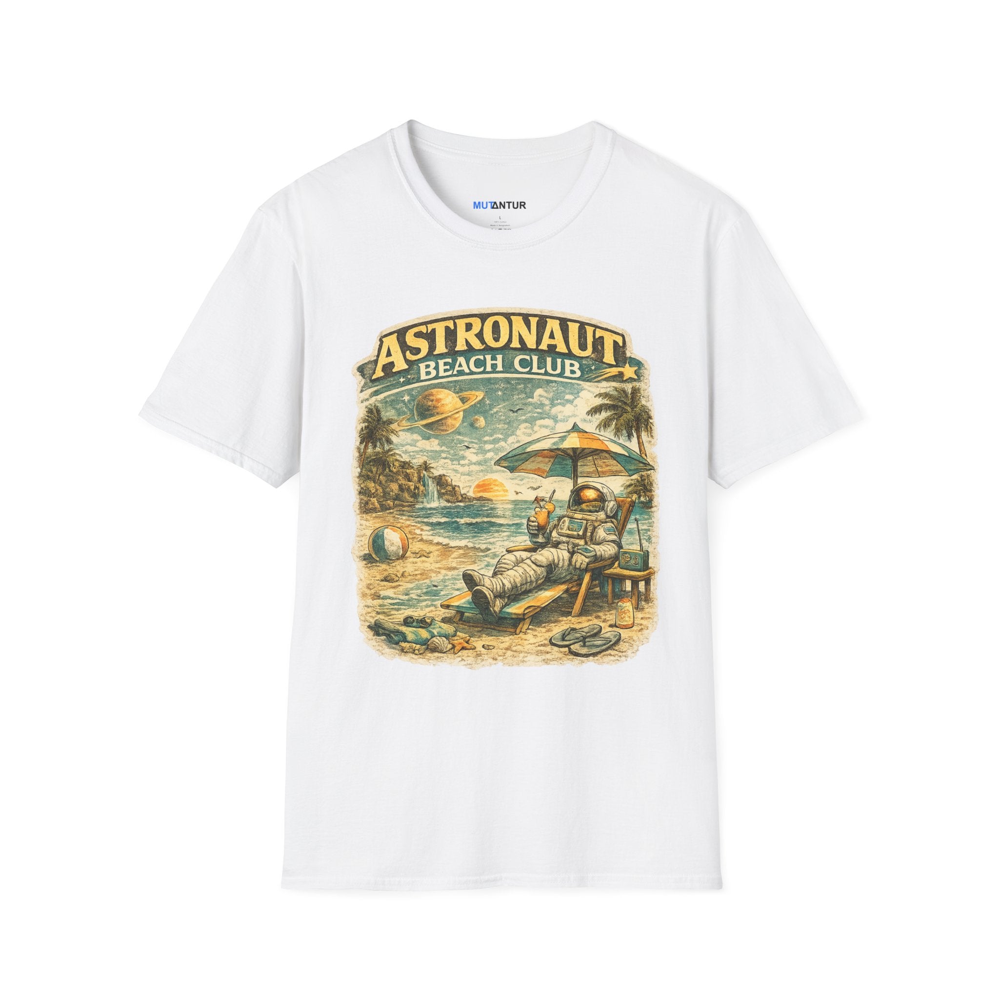 Astronaut Beach Club T-Shirt – Retro Space Beach Graphic Tee - Mutantur Labs LLC