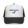 Dragon Handler trucker cap with dragon silhouette in black and white, front view