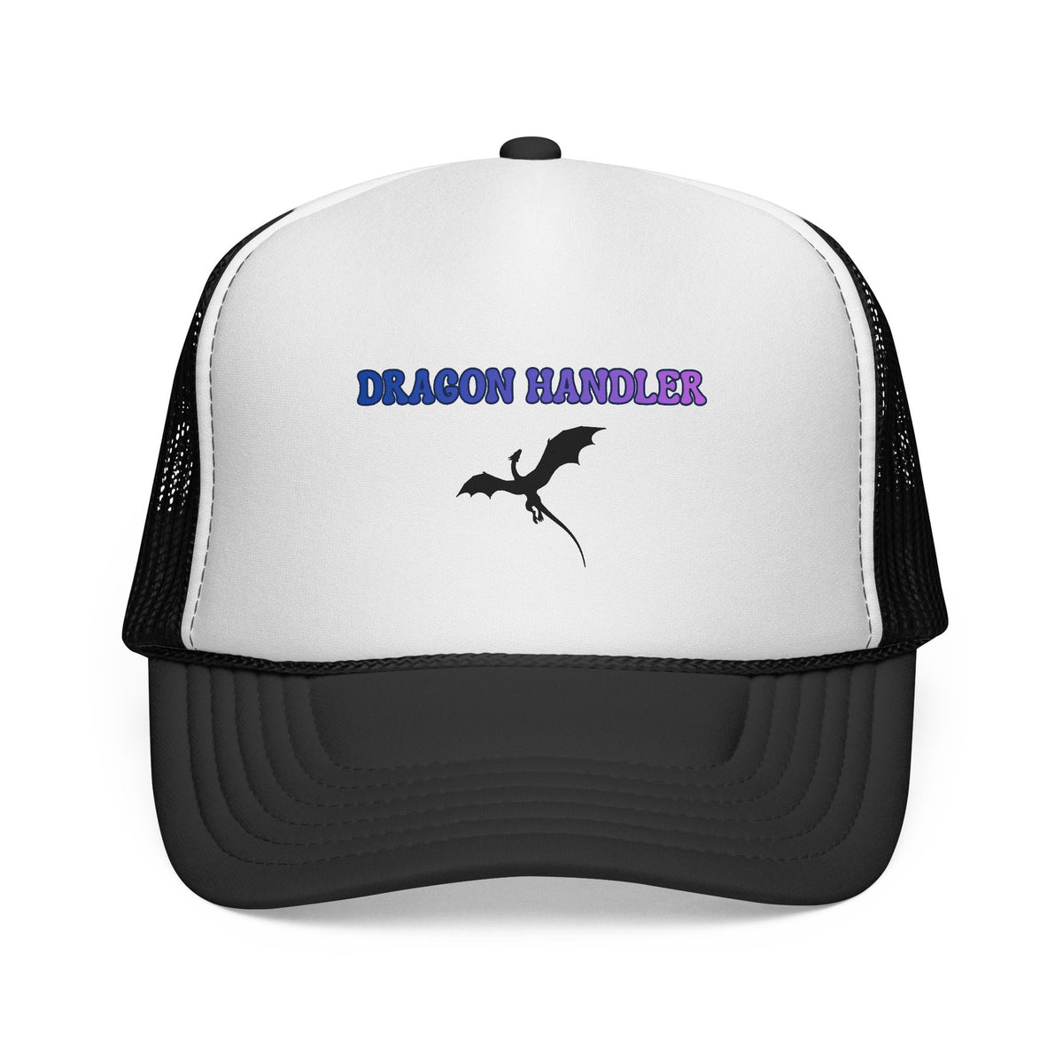 Dragon Handler trucker cap with dragon silhouette in black and white, front view