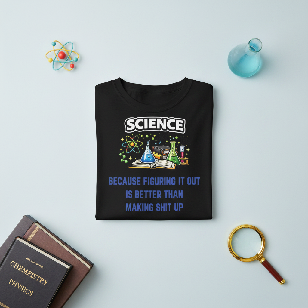 Science Because Comfort Colors tee, flat lay