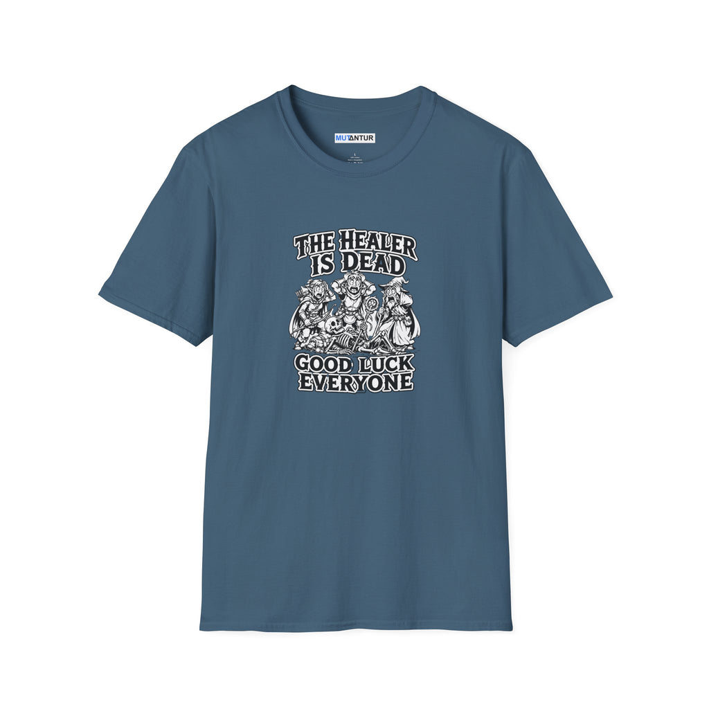 Blue short sleeved t-shirt with a white and black graphic design featuring three adventurers standing over a fallen skeleton healer with the words "The Healer Is Dead Good Luck Everyone."