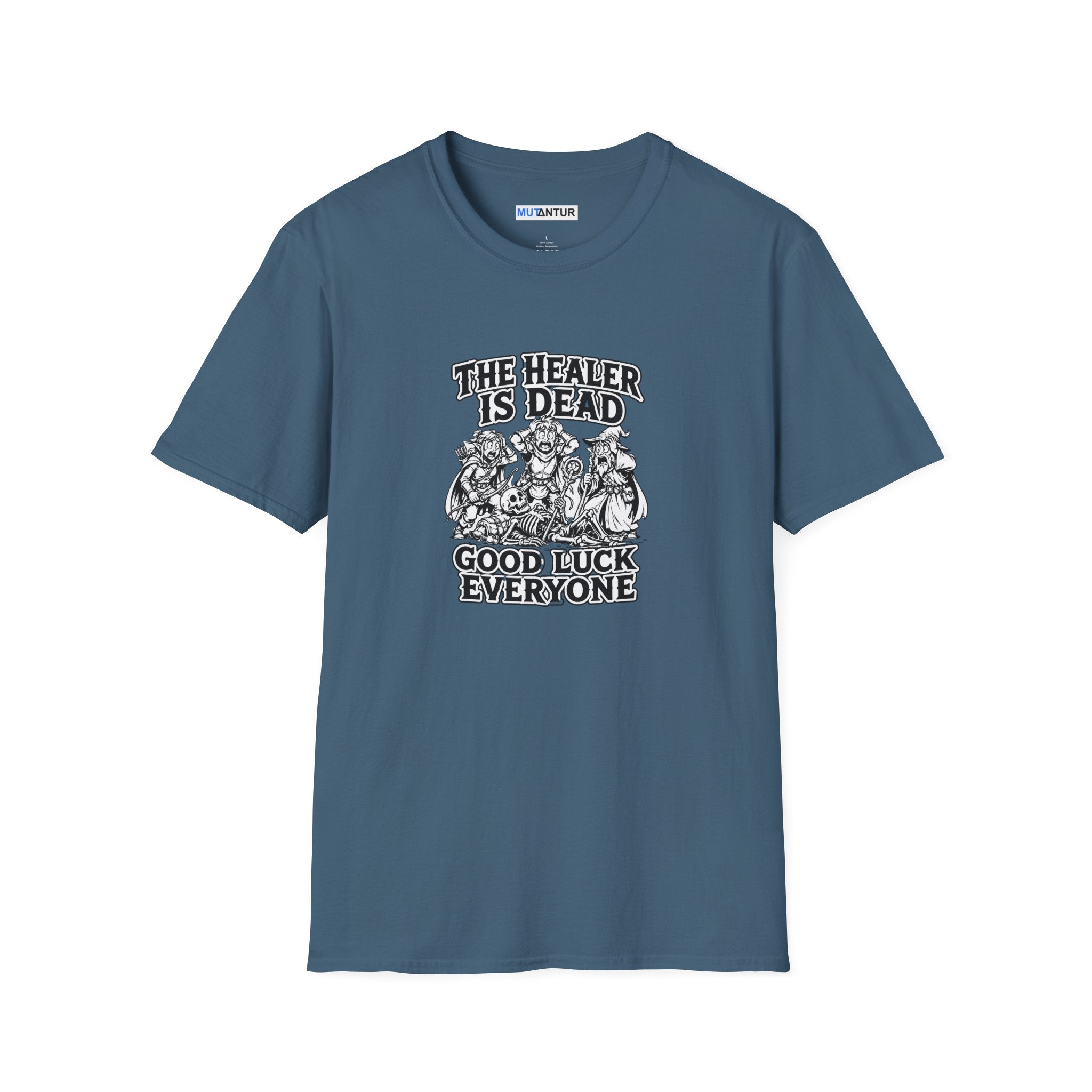 Blue short sleeved t-shirt with a white and black graphic design featuring three adventurers standing over a fallen skeleton healer with the words "The Healer Is Dead Good Luck Everyone."