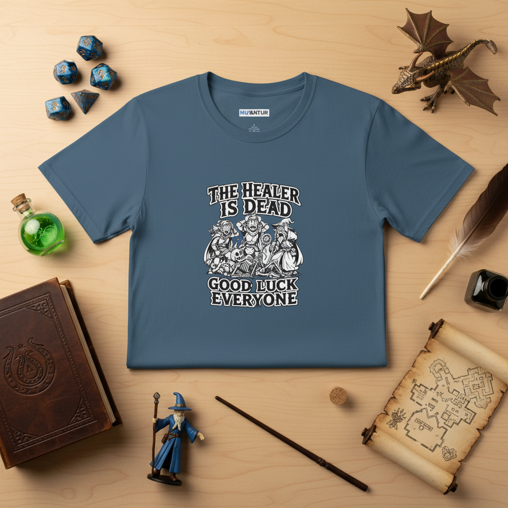 Blue short sleeved t-shirt with a white and black graphic design featuring three adventurers standing over a fallen skeleton healer with the words "The Healer Is Dead Good Luck Everyone."