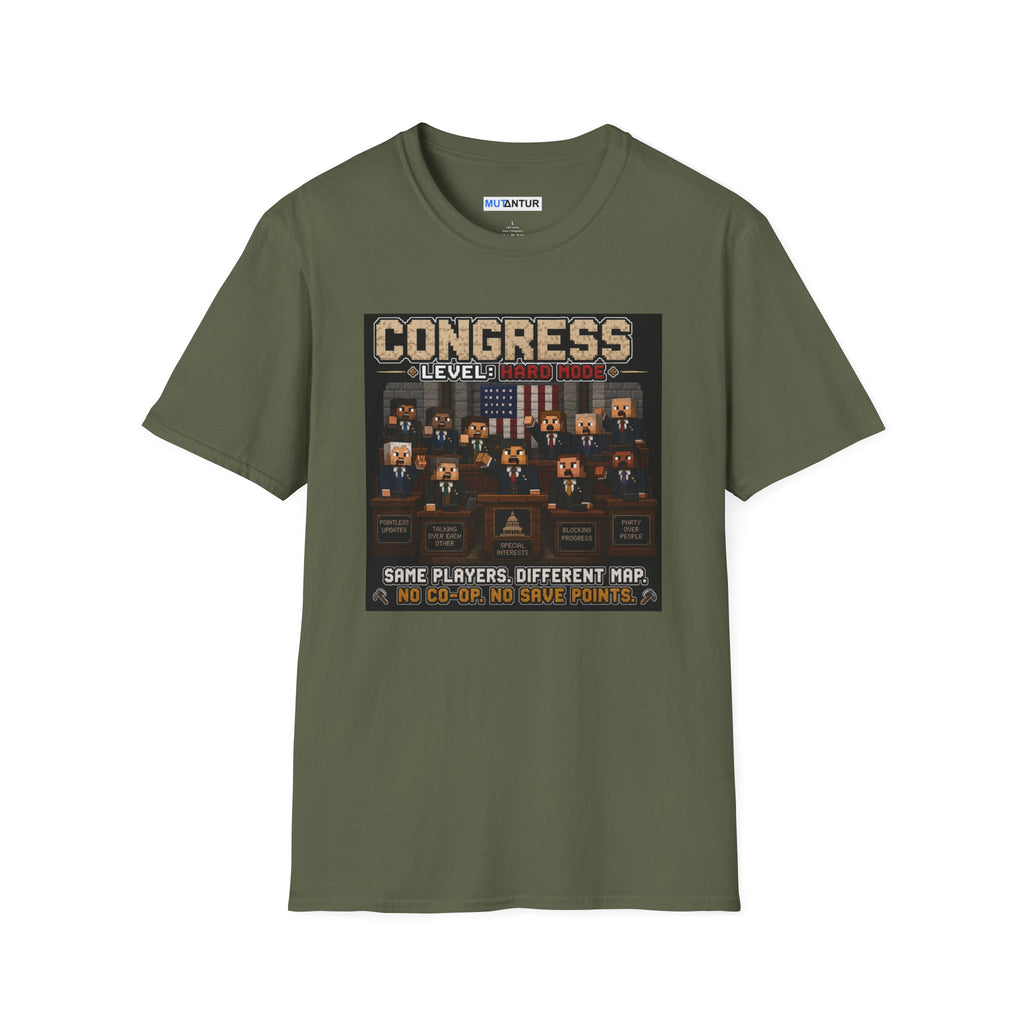An olive green short-sleeve t-shirt with a graphic print on the front depicting a retro video game interface titled 'CONGRESS LEVEL 1'. The graphic shows a mock courtroom scene with historical figures and text reading 'SAME PLAYERS, DIFFERENT MAP.