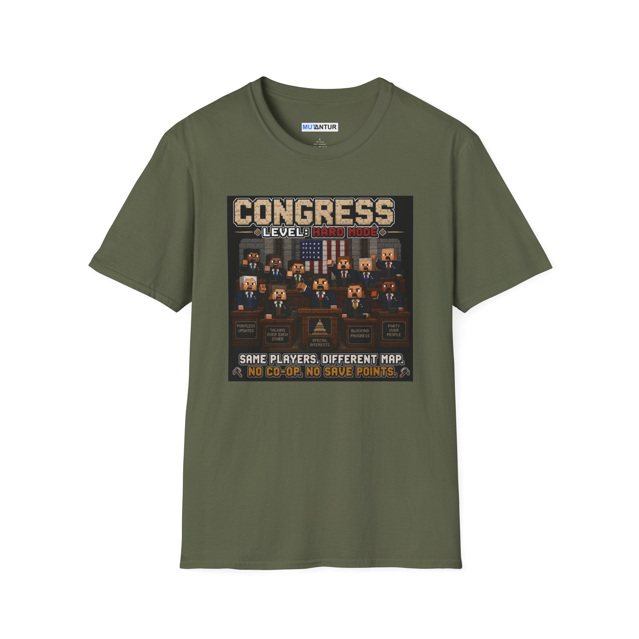 An olive green short-sleeve t-shirt with a graphic print on the front depicting a retro video game interface titled 'CONGRESS LEVEL 1'. The graphic shows a mock courtroom scene with historical figures and text reading 'SAME PLAYERS, DIFFERENT MAP.