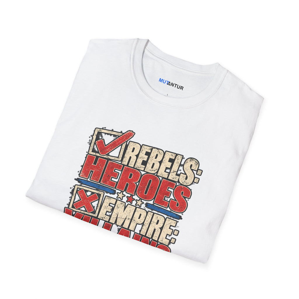 A white folded t-shirt with a distressed graphic print reading 'REBELS: HEROES X EMPIRE' in red, beige, and blue, with the brand name 'MUTANTUR' printed inside the collar.