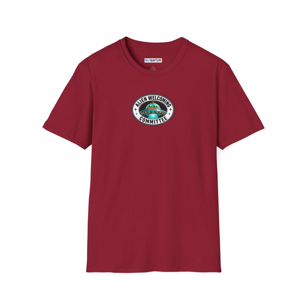 Cardinal red shirt with Colorful Welcome Aliens T-shirt design with a retro Las Vegas roadside sign, friendly UFO, and We’ve Been Expecting You message