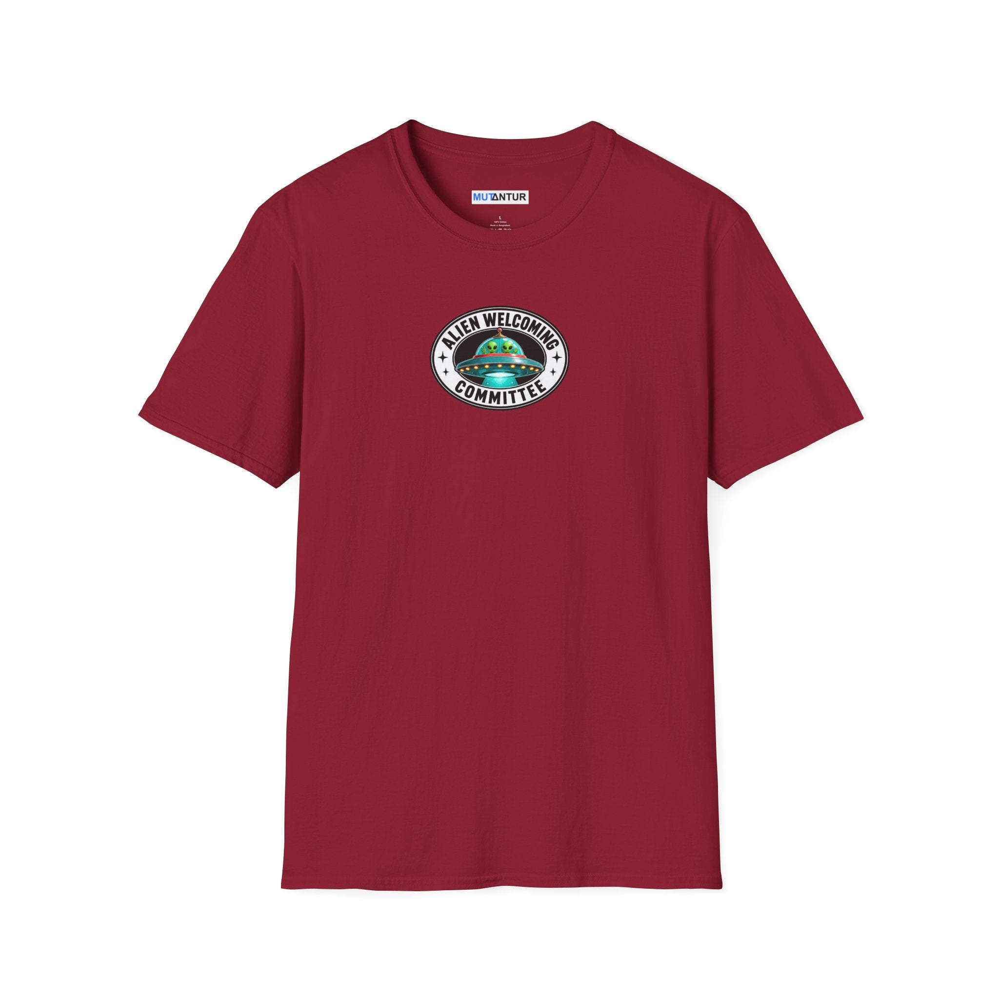 Cardinal red shirt with Colorful Welcome Aliens T-shirt design with a retro Las Vegas roadside sign, friendly UFO, and We’ve Been Expecting You message
