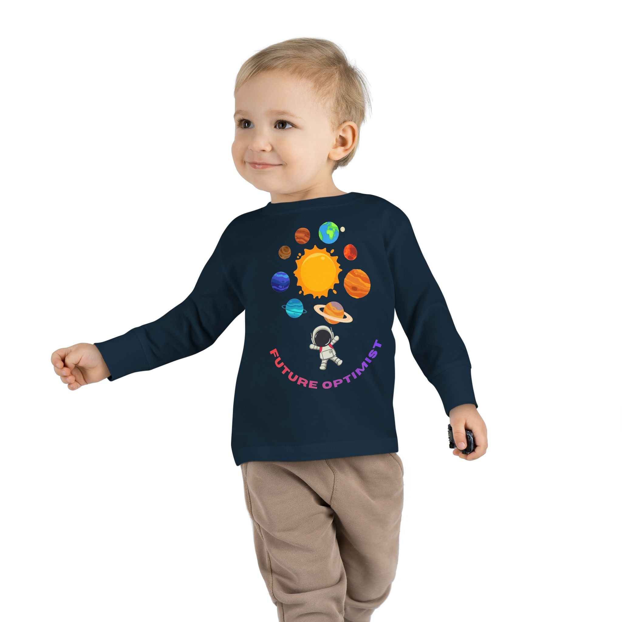 Future Optimist Astronaut toddler long sleeve tee | Solar System planets design - Mutantur Labs LLC