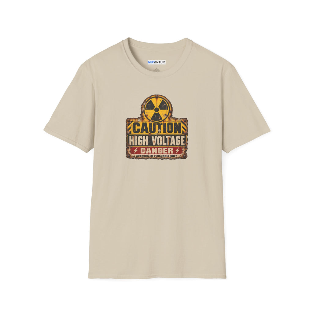  a beige short sleeved  crewneck t shirt with a yellow, black, and CAUTION HIGH VOLTAGE sign design with the word DANGER below against a white background