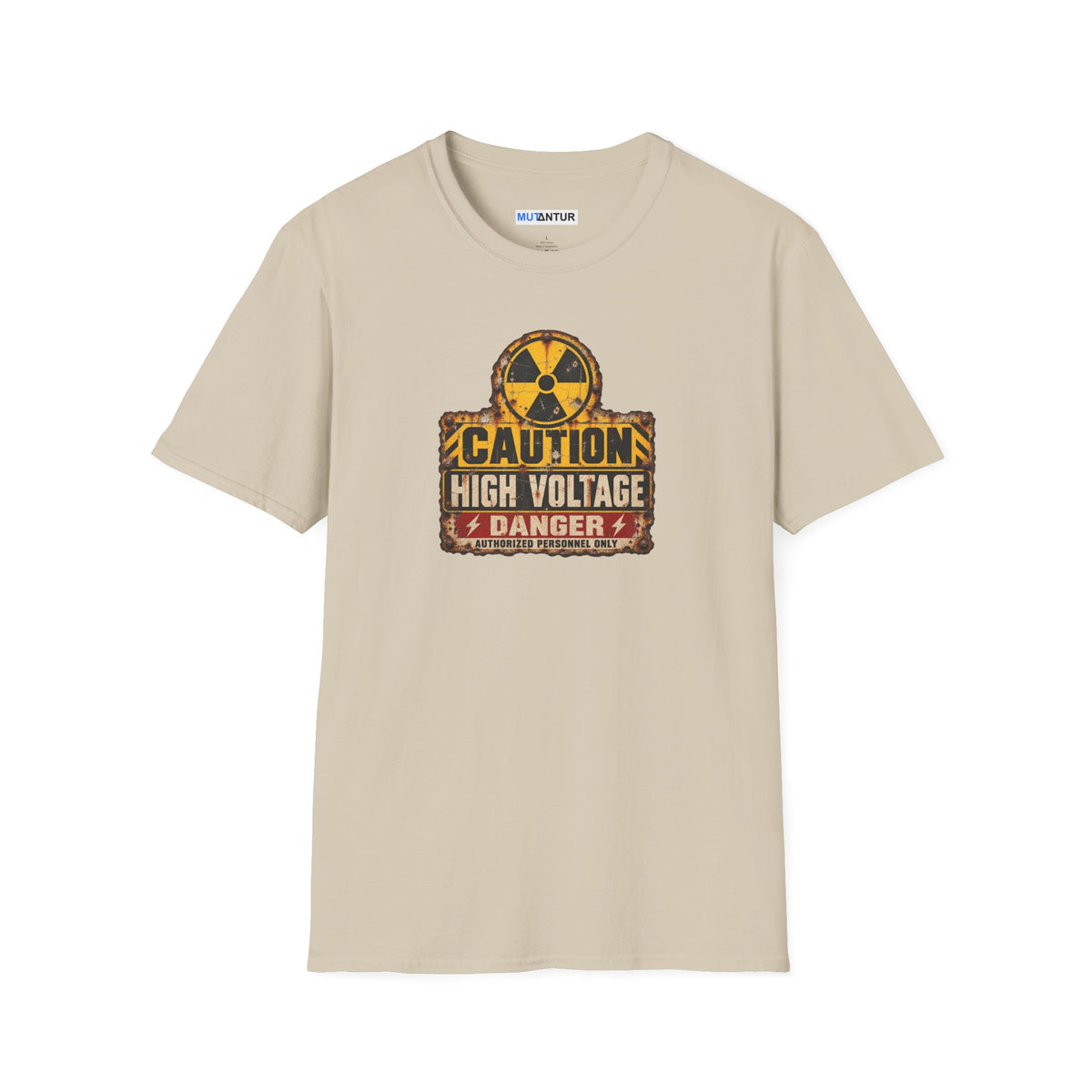  a beige short sleeved  crewneck t shirt with a yellow, black, and CAUTION HIGH VOLTAGE sign design with the word DANGER below against a white background