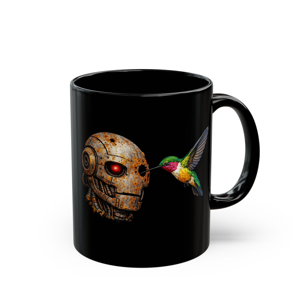 Steampunk Robot Skull and Hummingbird Mug — Black Ceramic Coffee Cup - Mutantur Labs LLC