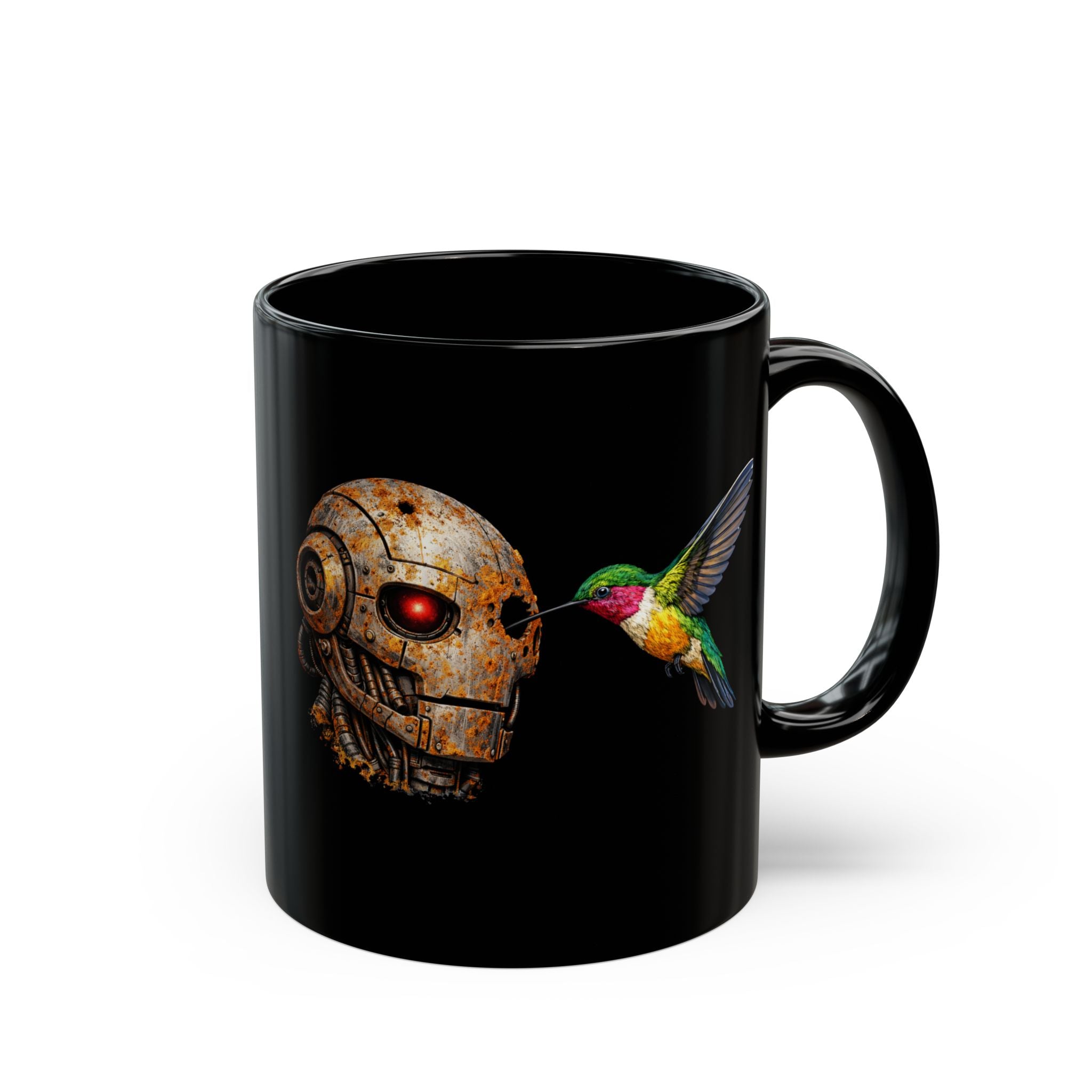 Steampunk Robot Skull and Hummingbird Mug — Black Ceramic Coffee Cup - Mutantur Labs LLC