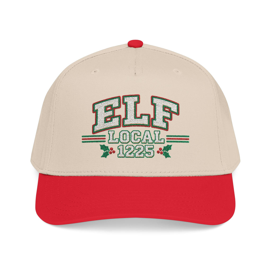 A beige and red baseball cap with 'ELF LOCAL 1225' embroidered on the front, set against a plain white background.