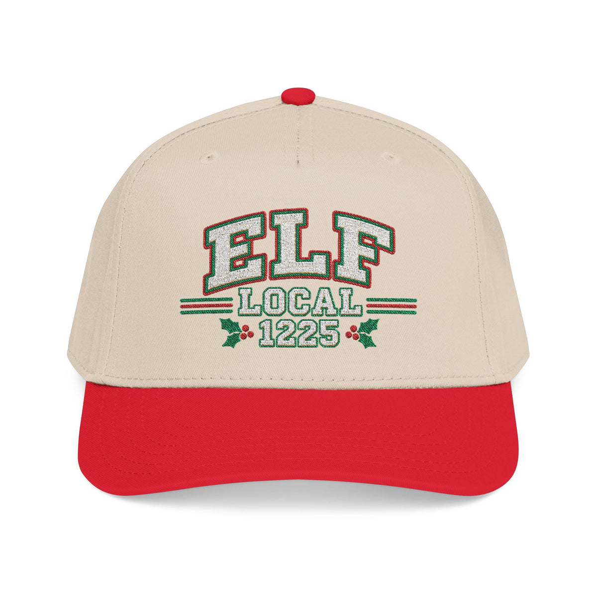 A beige and red baseball cap with 'ELF LOCAL 1225' embroidered on the front, set against a plain white background.