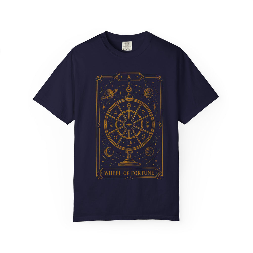 A navy blue crewneck t shirt featuring Wheel of Fortune from the Future Arcana collection, inspired by the Wheel of Fortune tarot card. A celestial cosmic wheel surrounded by stars and planets is illustrated in elegant retro sci-fi gold line art within an Art Deco tarot frame on a transparent background
