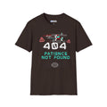 404 Patience Not Found retro glitch tech tee, lifestyle shot