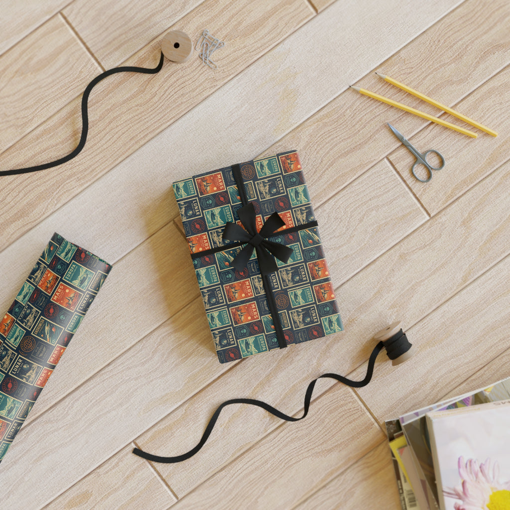 Vintage Planet Postage Stamp Gift Wrap Roll — Retro Travel Wrapping Paper