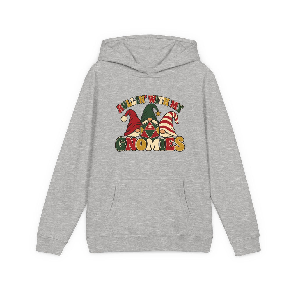 A gray pullover hoodie with a colorful graphic on the chest that reads 'ROLLIN' WITH MY GNOMIES' and features cartoon gnomes wearing red, green, and striped hats, shown on a plain white background.