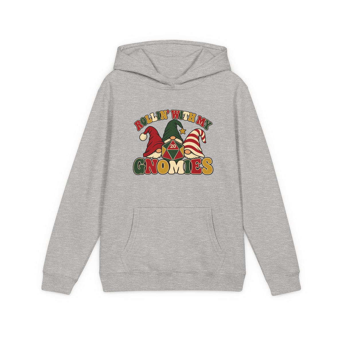 A gray pullover hoodie with a colorful graphic on the chest that reads 'ROLLIN' WITH MY GNOMIES' and features cartoon gnomes wearing red, green, and striped hats, shown on a plain white background.