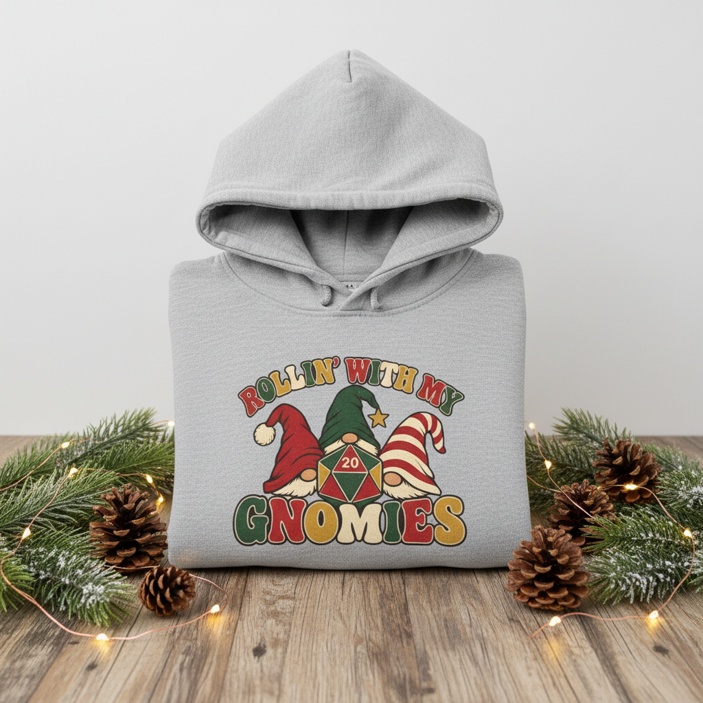 A light gray hoodie is folded and displayed on a wooden surface with pine branches, pinecones, and string lights. The front of the hoodie features a colorful graphic with three gnomes and the text 'ROLLING WITH MY GNOMIES'.