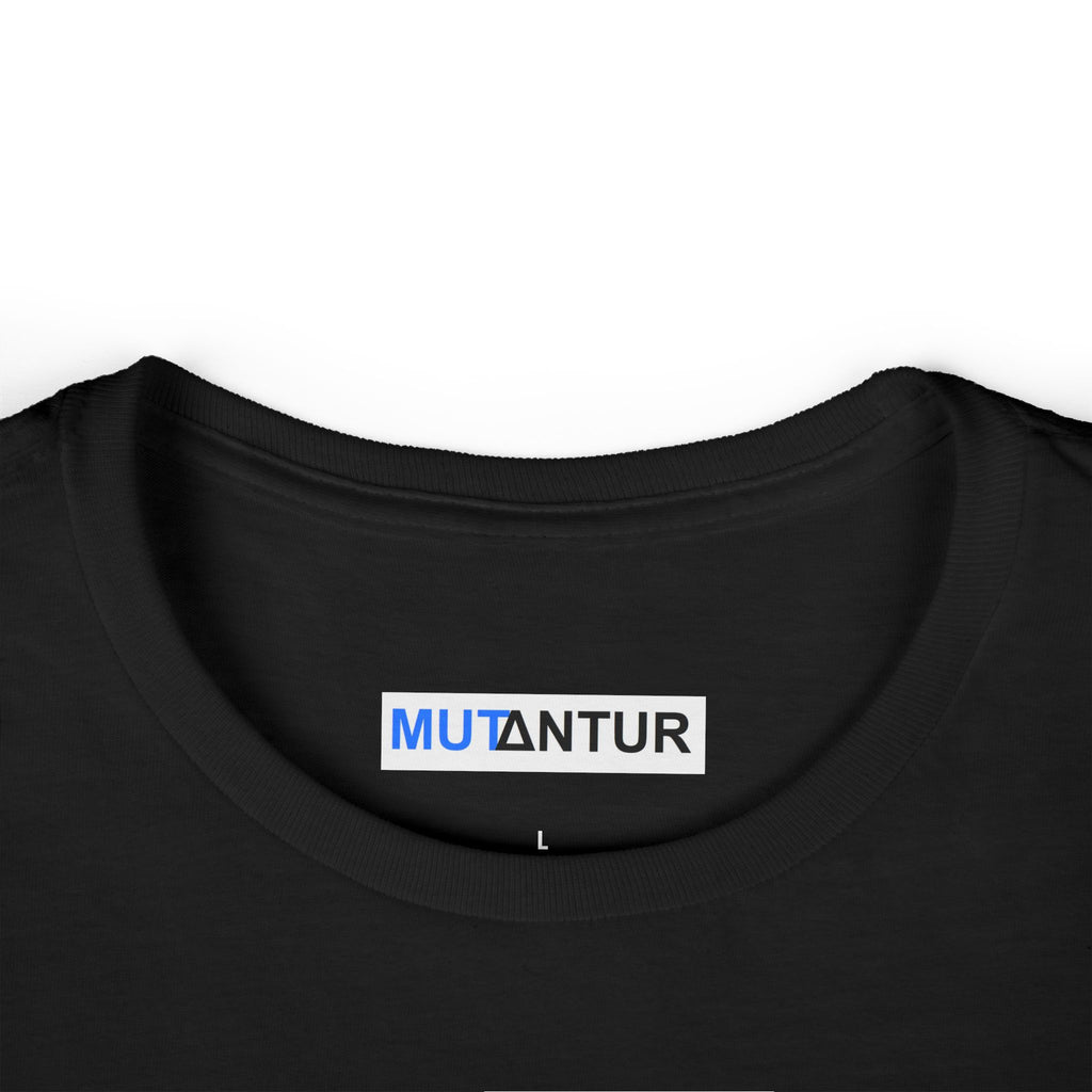 Close-up of a black crewneck t-shirt showing the inner neck label with the brand name 'MUTANTUR' printed in blue and black on a white background.