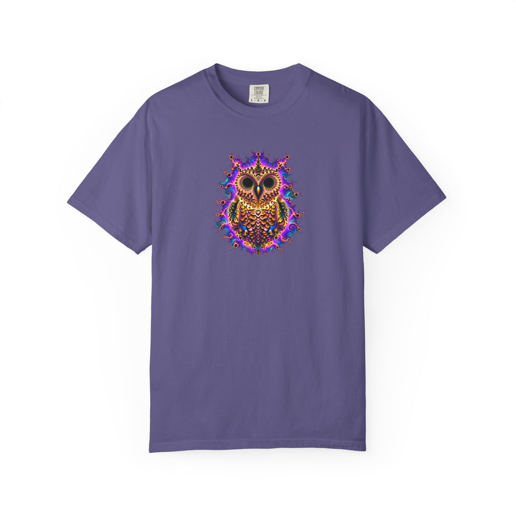 A blue short-sleeve crewneck t-shirt featuring a colorful, intricate owl graphic printed on the center chest, displayed against a solid white background.
