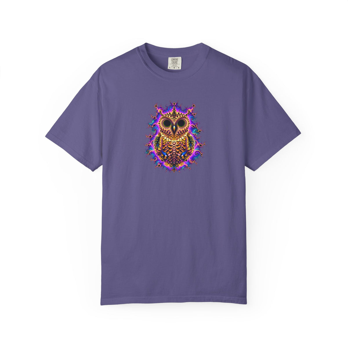 A blue short-sleeve crewneck t-shirt featuring a colorful, intricate owl graphic printed on the center chest, displayed against a solid white background.