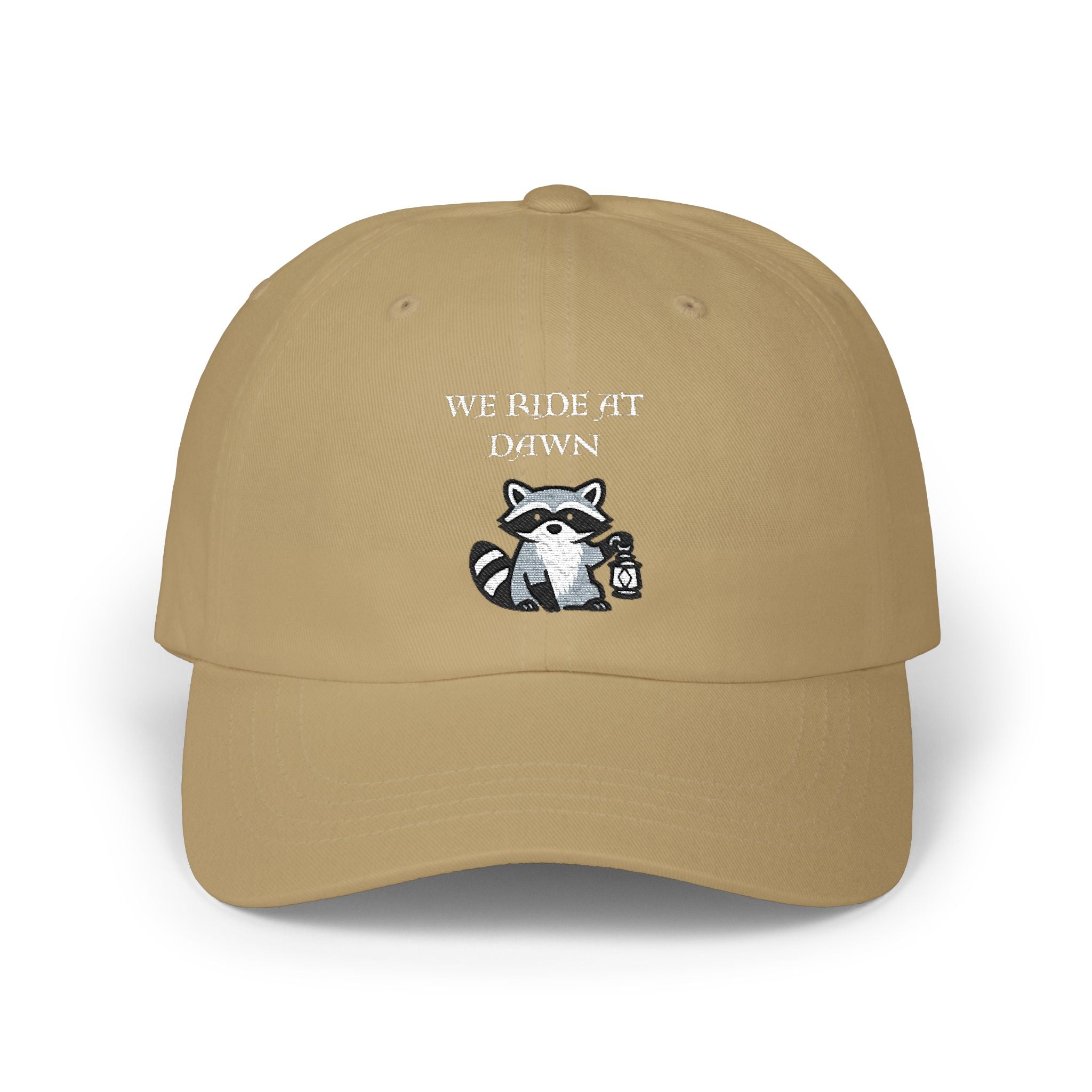 Raccoon Holding Lamp We Ride At Dawn Dad Cap | Classic Fantasy embroidered Baseball Hat - Mutantur Labs LLC