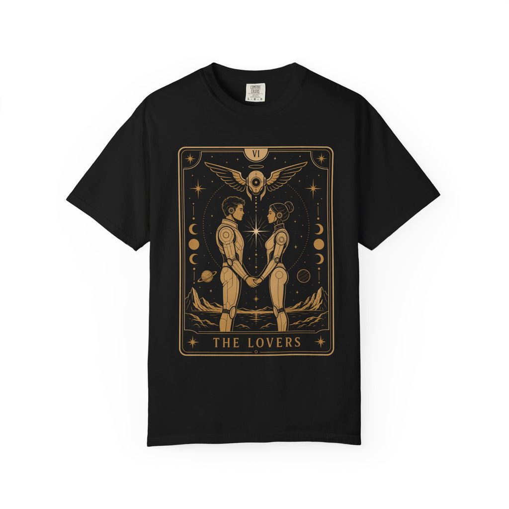 A black Comfort Colors t-shirt featuring The Lovers from the Future Arcana collection, inspired by The Lovers tarot card. Two futuristic figures stand together beneath a radiant celestial sky, framed by elegant Art Deco details in gold line art on a transparent background.