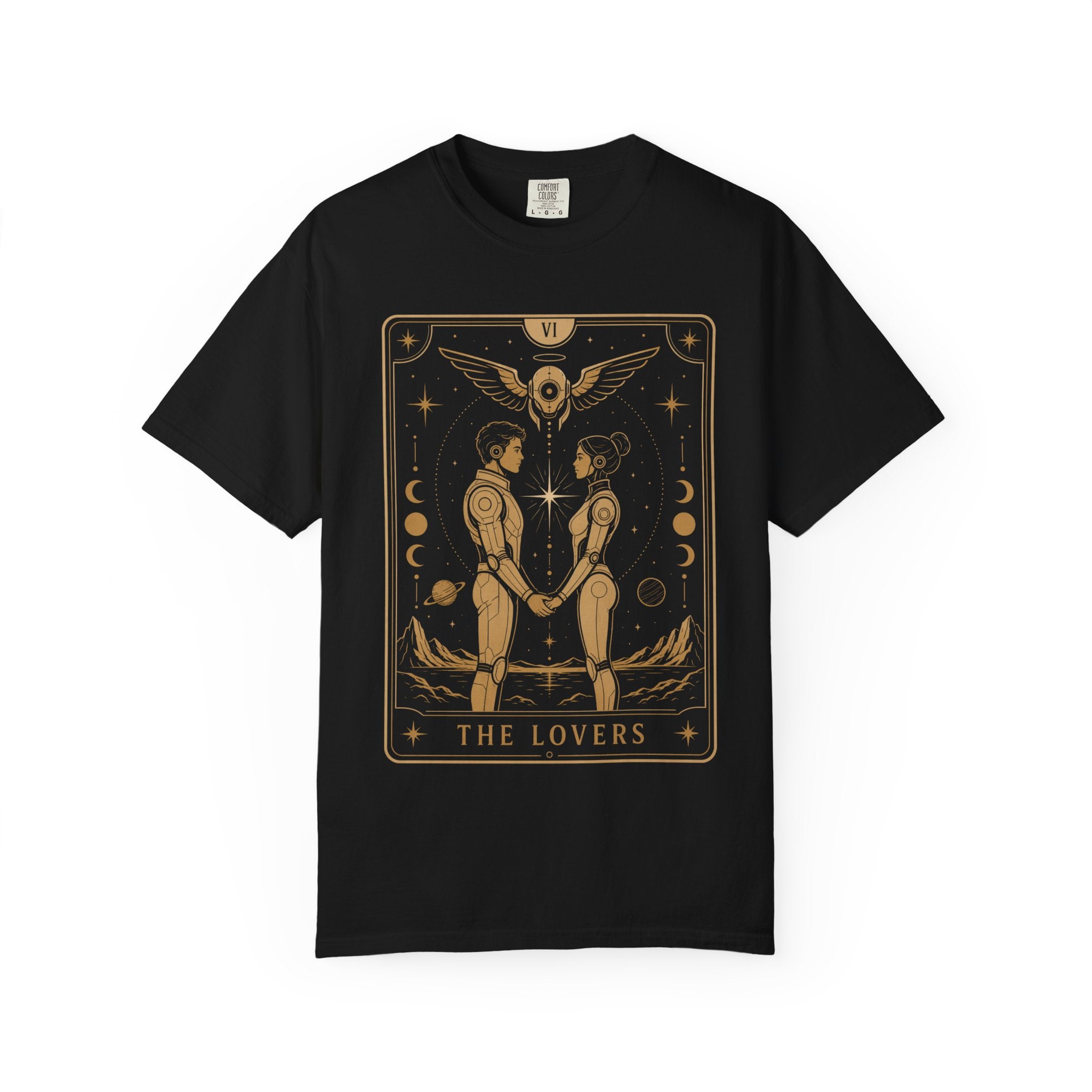 A black Comfort Colors t-shirt featuring The Lovers from the Future Arcana collection, inspired by The Lovers tarot card. Two futuristic figures stand together beneath a radiant celestial sky, framed by elegant Art Deco details in gold line art on a transparent background.
