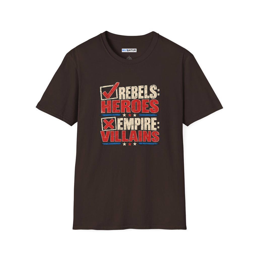 A dark brown short-sleeve t-shirt with a graphic print on the front reading 'REBELS HEROES EMPIRE VILLAINS' in red, beige, and white text with stars and checkmarks.