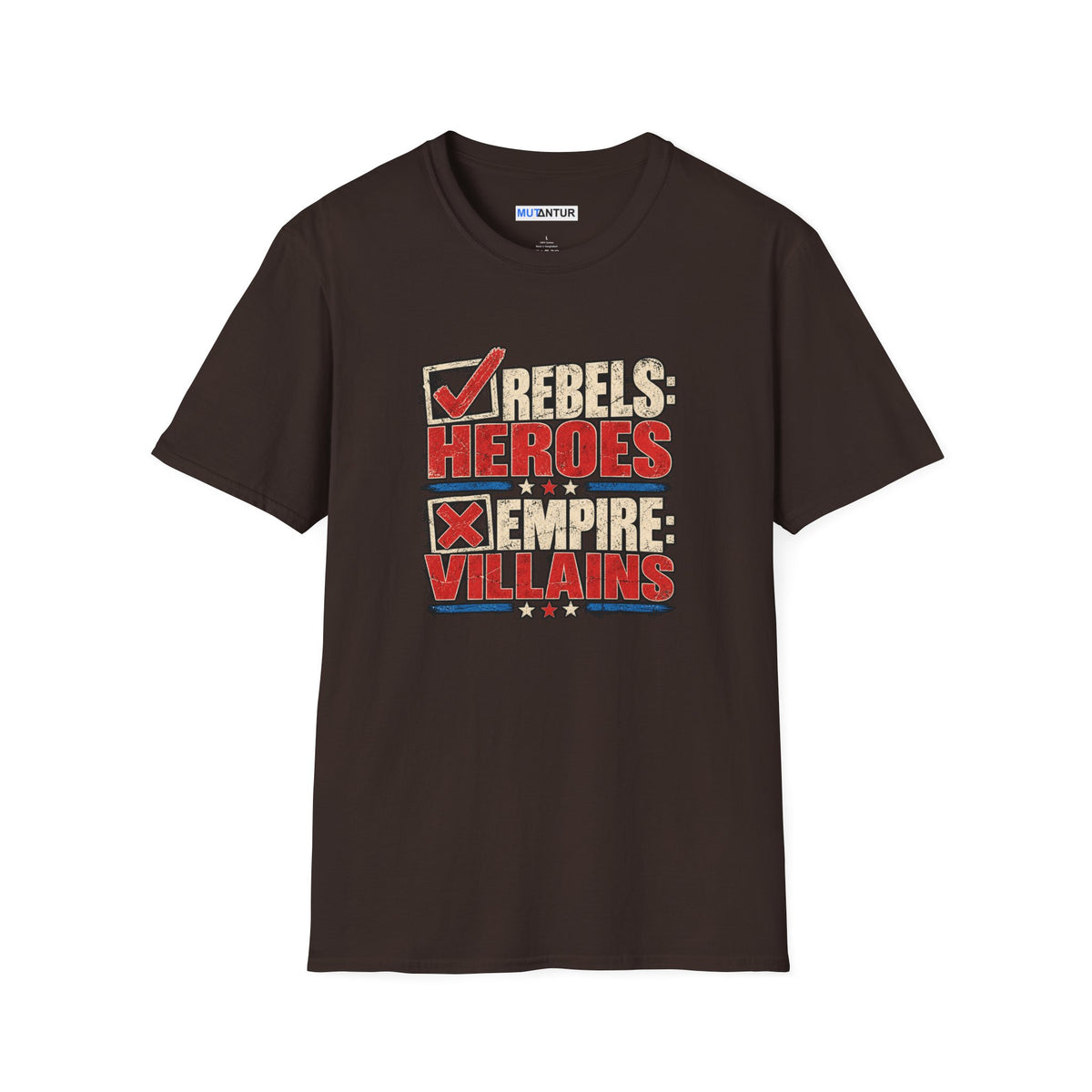 A dark brown short-sleeve t-shirt with a graphic print on the front reading 'REBELS HEROES EMPIRE VILLAINS' in red, beige, and white text with stars and checkmarks.