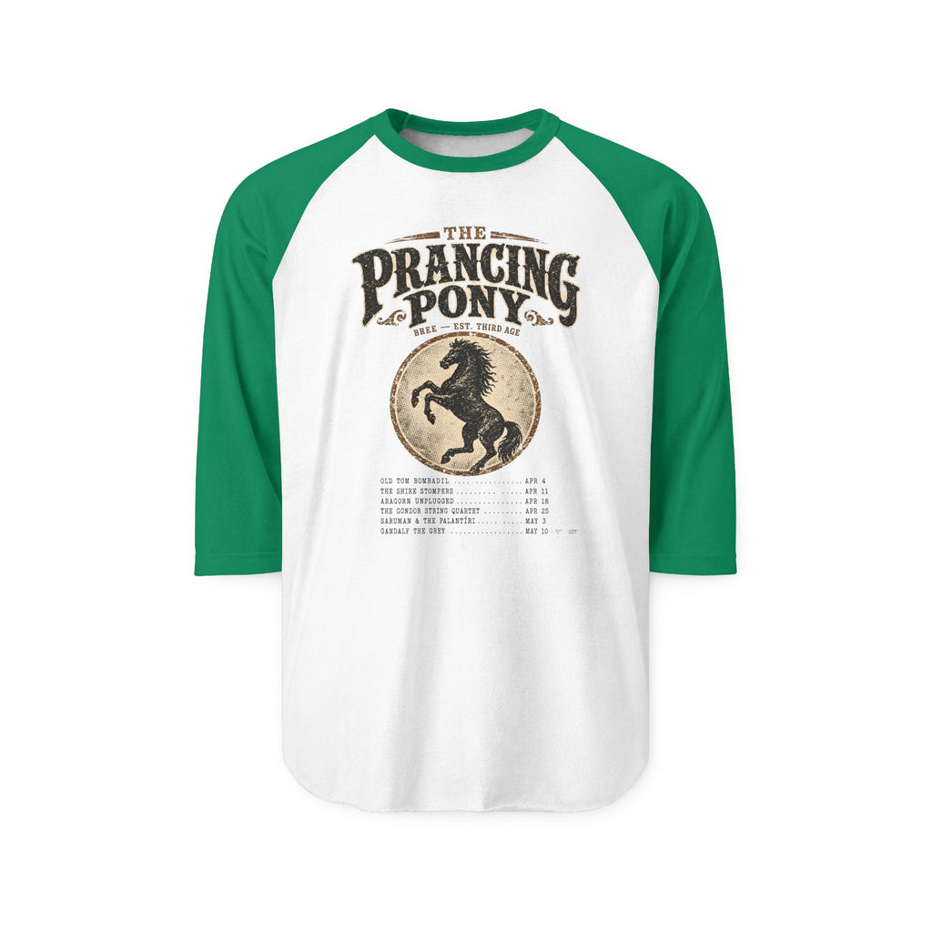 green sleeved Baseball shirt with 'The Prancing Pony' design on a white background