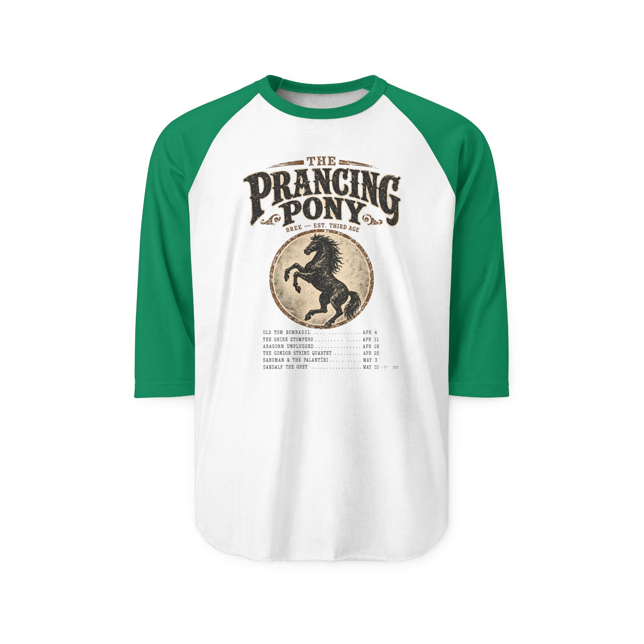 green sleeved Baseball shirt with 'The Prancing Pony' design on a white background