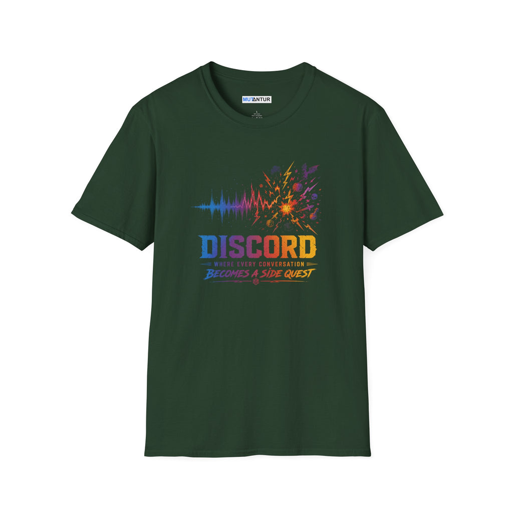 A green crewneck t-shirt with a colorful graphic on the front featuring a soundwave, fireworks, and the text 'DISCORD' and 'WHERE EVERY CONVERSATION BECOMES A SIDE QUEST'.