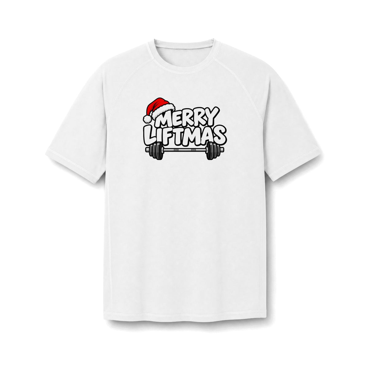 A white short-sleeve raglan t-shirt with a 'MERRY LIFTMAS' graphic on the chest, featuring a red Santa hat and a barbell.
