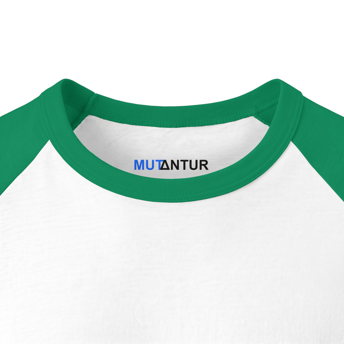 Close-up of a raglan-style shirt collar and upper chest showing a white body, green ribbed collar and sleeves, and the printed brand name MUTANTUR on the inside neck.