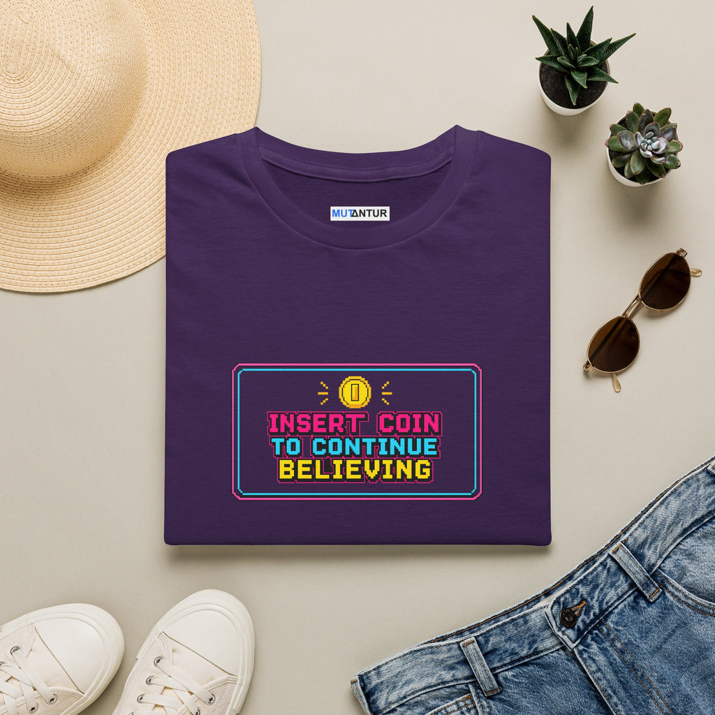 Insert Coin To Continue Believing T-Shirt | Retro Arcade Gamer Tee