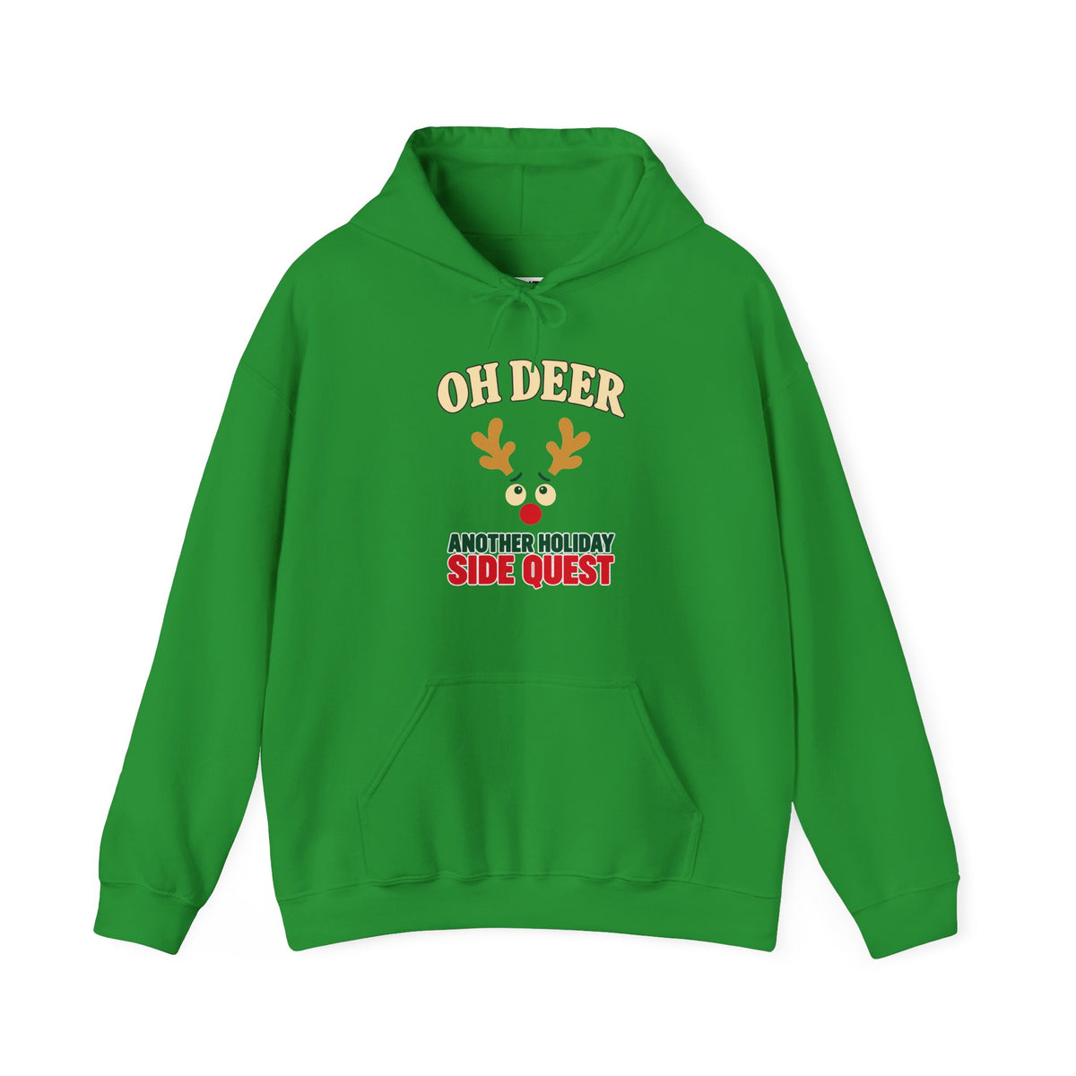 A bright green pullover hoodie with a festive holiday graphic on the chest. The graphic features the text 'OH DEER' in beige, a small reindeer head illustration with orange antlers and a red nose, and the phrase 'ANOTHER HOLIDAY SIDE QUEST' in red and beige.