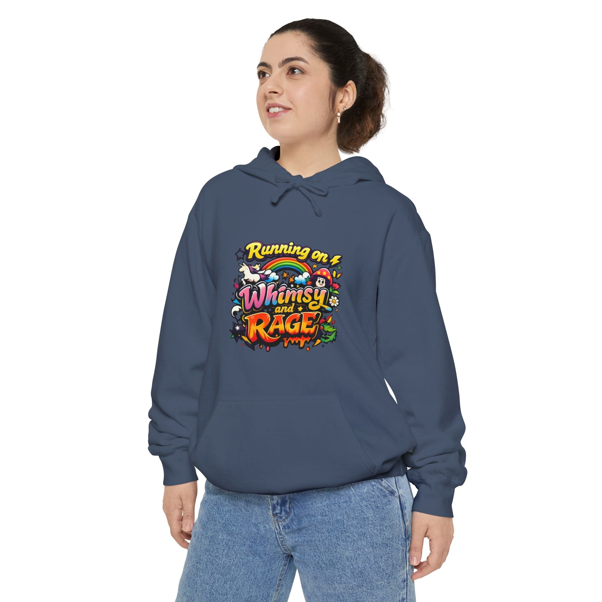 Hoodie — "Running on a Whimsy and Rage" Colorful Graphic Pullover