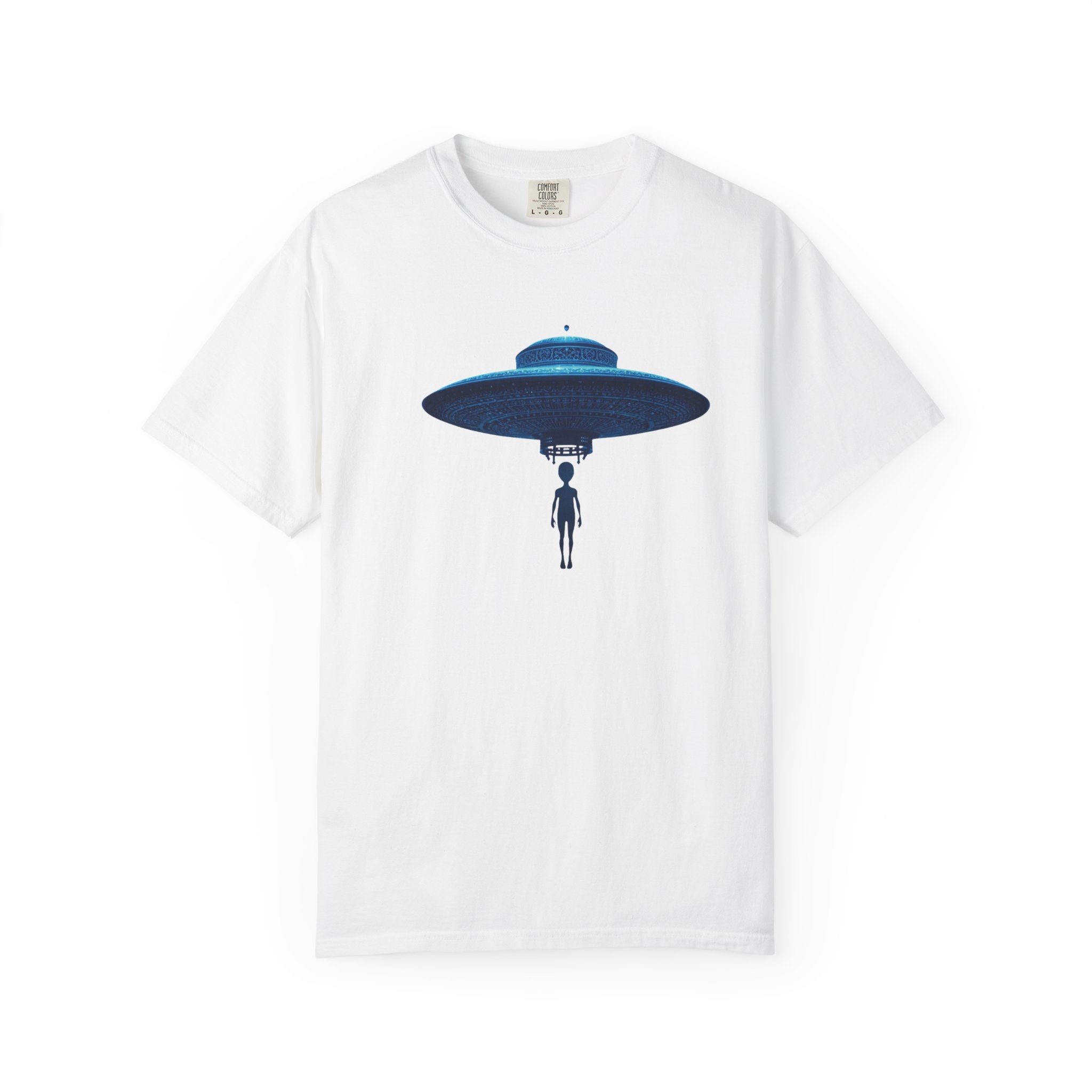 UFO Abduction T-shirt | Minimal Alien Spaceship blue chinoiserie Graphic - Mutantur Labs LLC