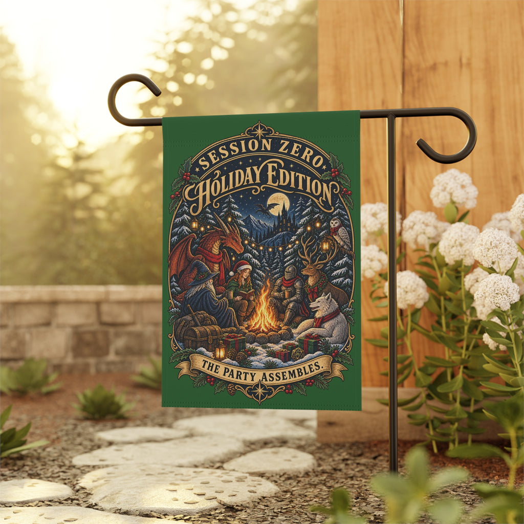 A decorative garden flag hanging from a black metal stand outdoors. The flag has a dark green border and a colorful illustrated scene around a campfire with the text 'Session Zero Holiday Edition' and 'The Party Assembles.