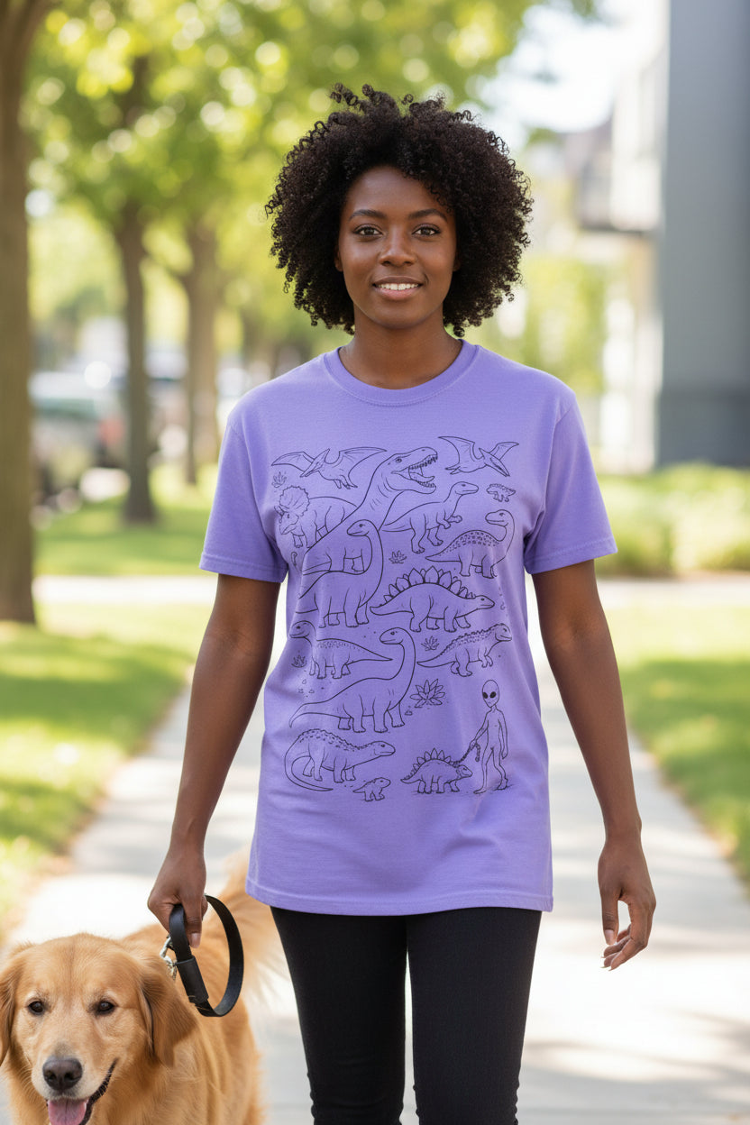 Alien and Dinosaur T-Shirt | Funny Line Art Graphic Tee - Mutantur Labs LLC