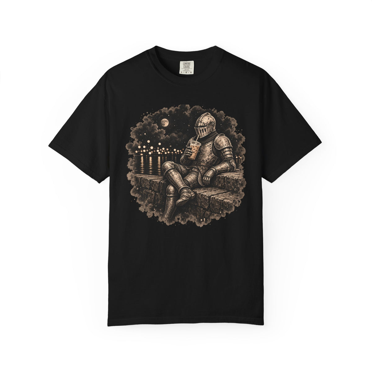 A black short-sleeve crewneck t-shirt featuring a detailed graphic print of an armored knight sitting and holding an iced coffee