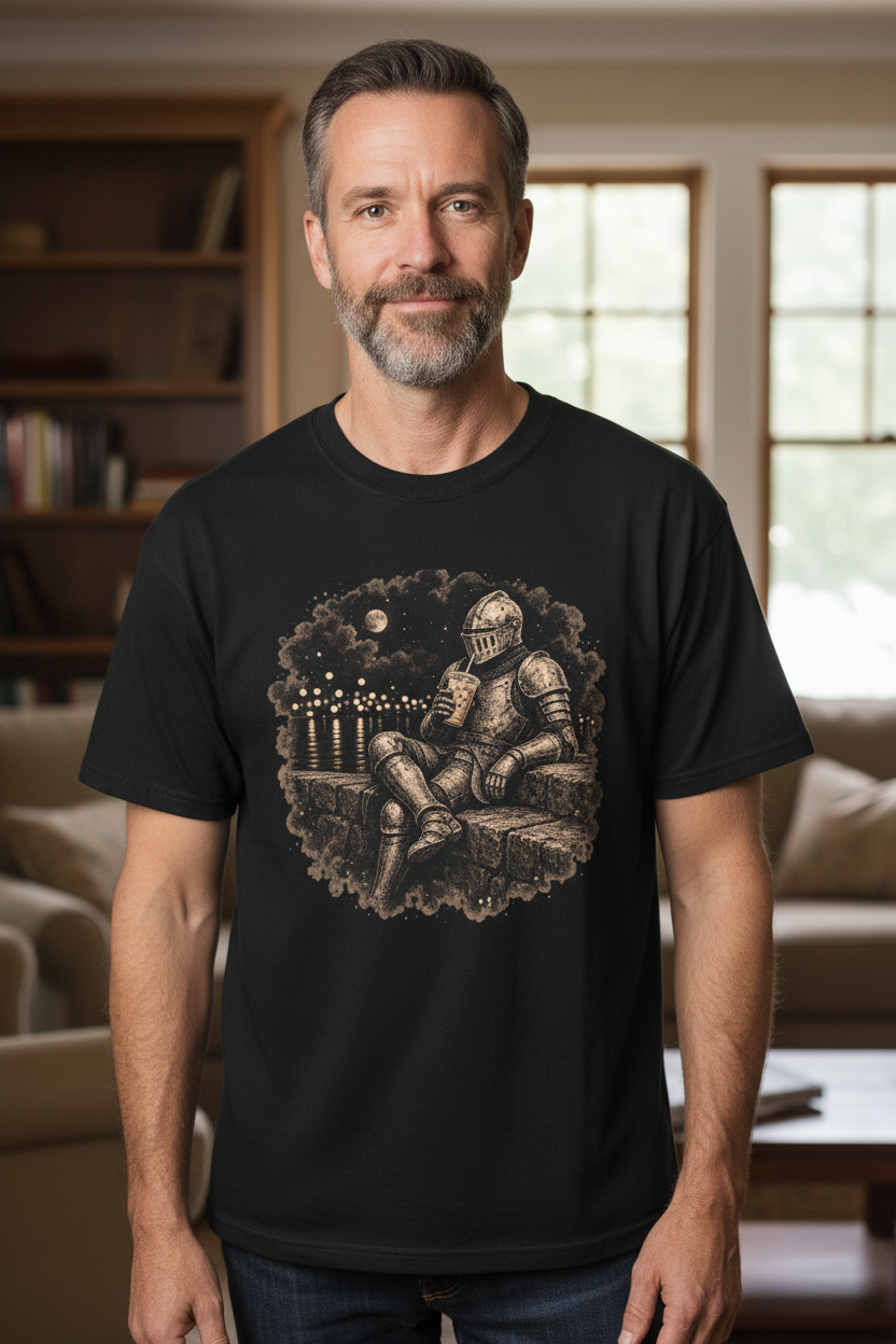 A black short-sleeve crewneck t-shirt featuring a detailed graphic print of an armored knight sitting and holding an iced coffee