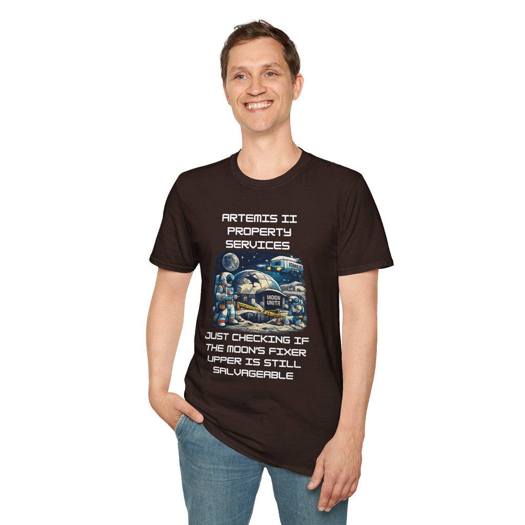 Moonbase Property Services T-Shirt — 'Artemis II Property Services' Space Repair Crew funny Tee - Mutantur Labs LLC