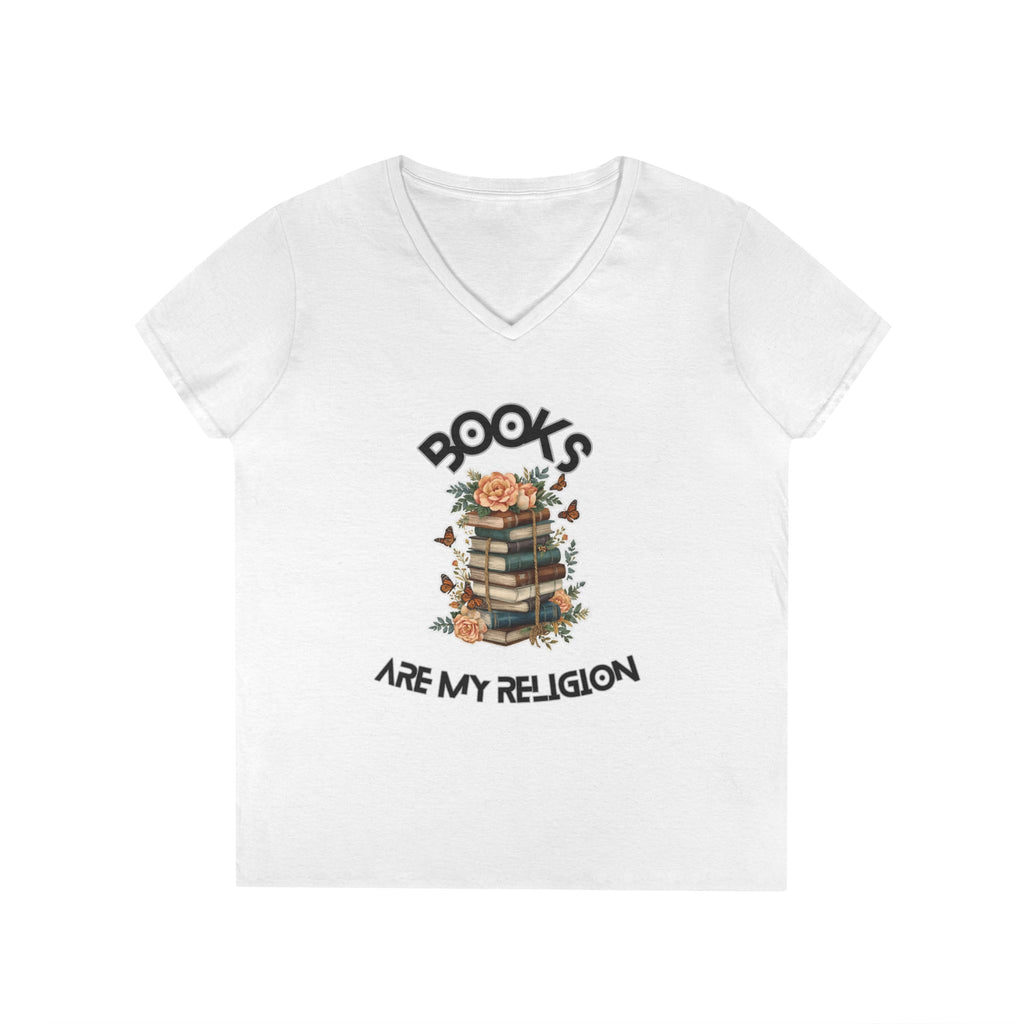 Books Are My Religion floral book stack graphic v-neck tee in white, front view