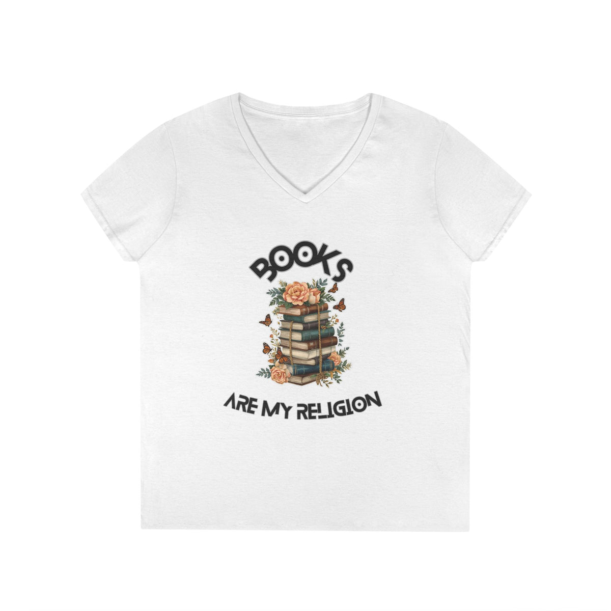Books Are My Religion floral book stack graphic v-neck tee in white, front view